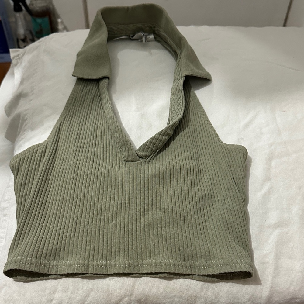 Divided Olive Ribbed Halter Top